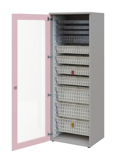 EUROMEDICA S - 66 skříň léková boxová, 1-dveřová/prosklená, levá, 1950x660x535, korpus šedý, dvířka pastelově růžová